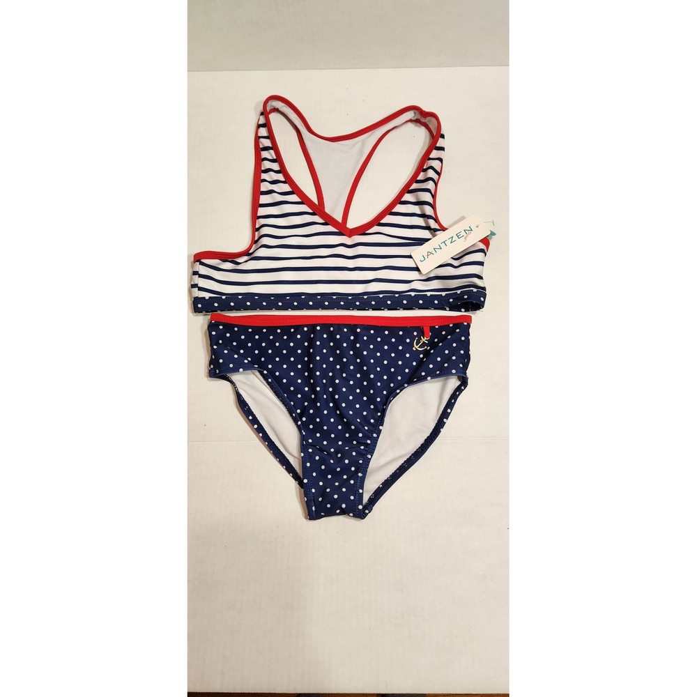 Jantzen Girls 2 Piece Swimsuit Navy White Striped Polka Dot Anchor UPF 50 Size16
